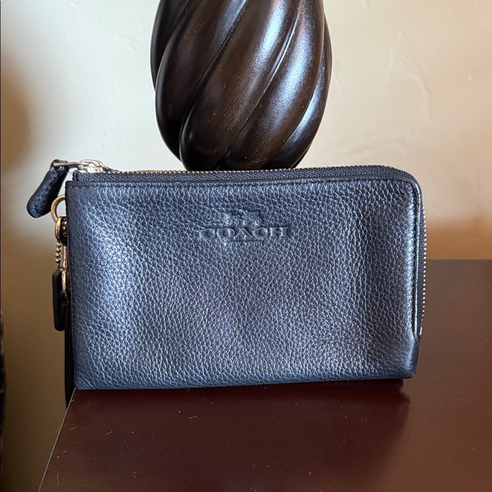Coach Black Pebbled Leather Zip Wallet wristlet